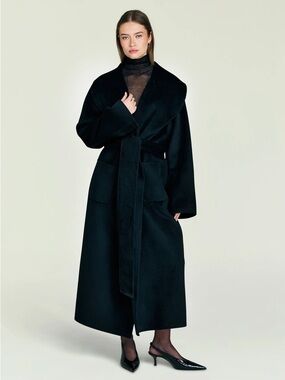 Long Black Wrap Belted Pea Coat - Women